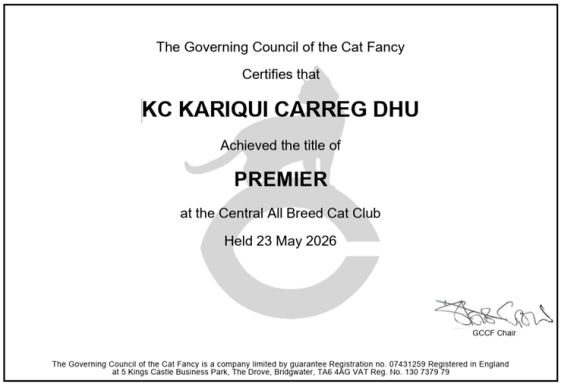 Pr & KC KARIQUI Carreg Dhu - certificate